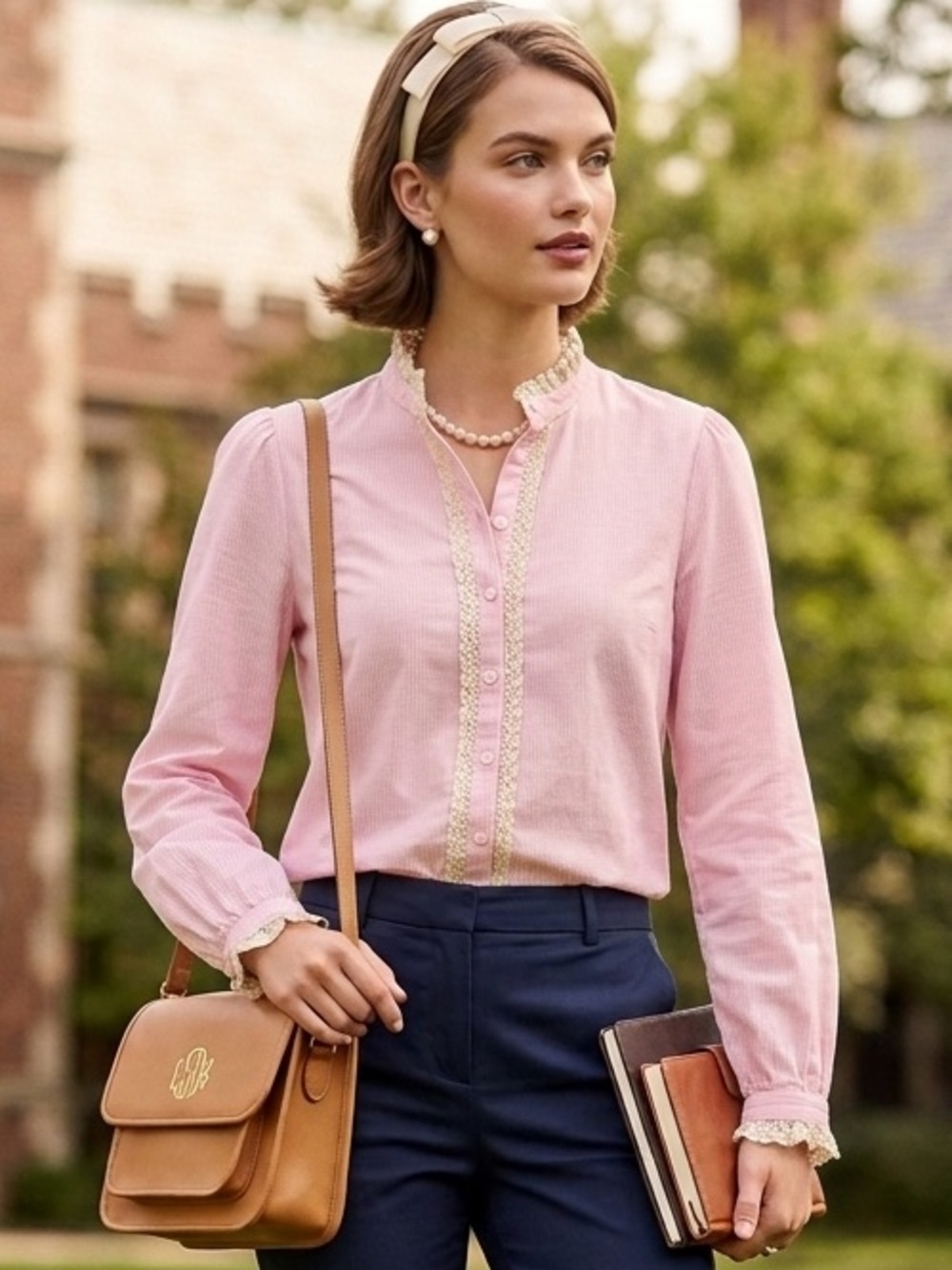 LOFT Pink Micro Pinstripe Button Up Shirt With Crochet Lace Details NEW!